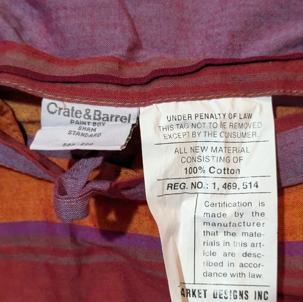 Crate & Barrel Paint Box Sham Standard Orange Red Purple Cotton Colorful Plaid